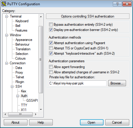 PuTTY authentication settings